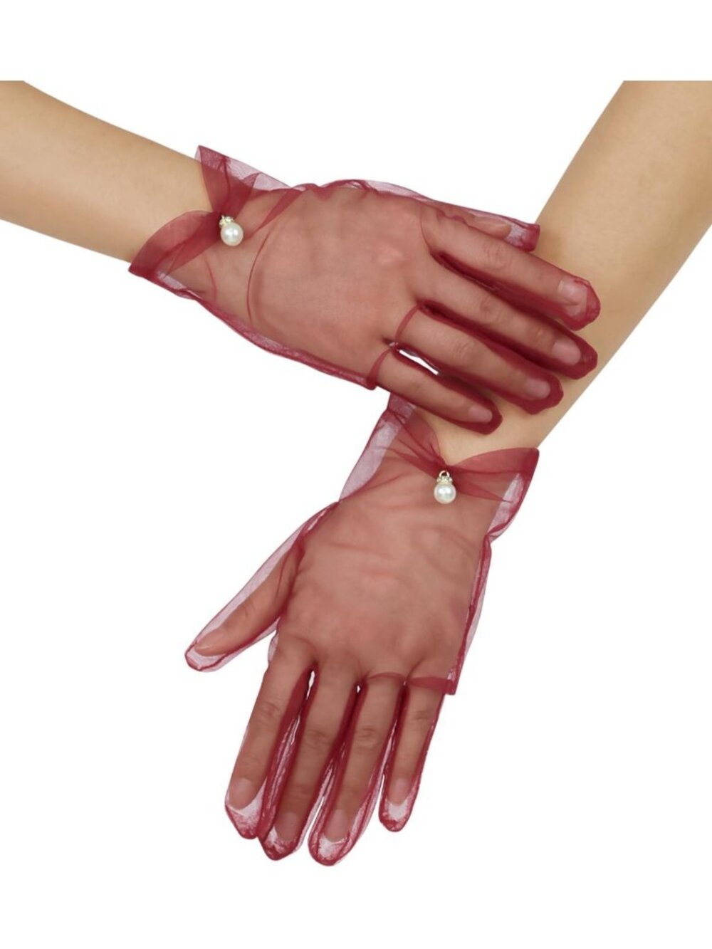 Women's Burgundy Short Pearl 1920s Formal Bridal Wedding Wrist Tulle Gloves